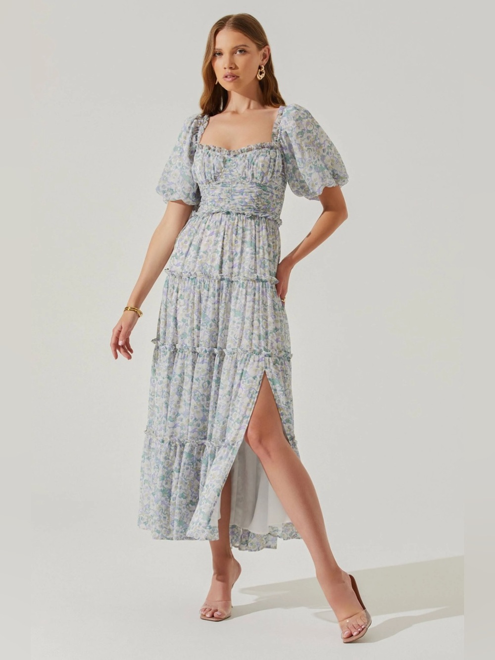 ASTR The Label Prina Floral Puff Sleeve Tiered Midi Dress